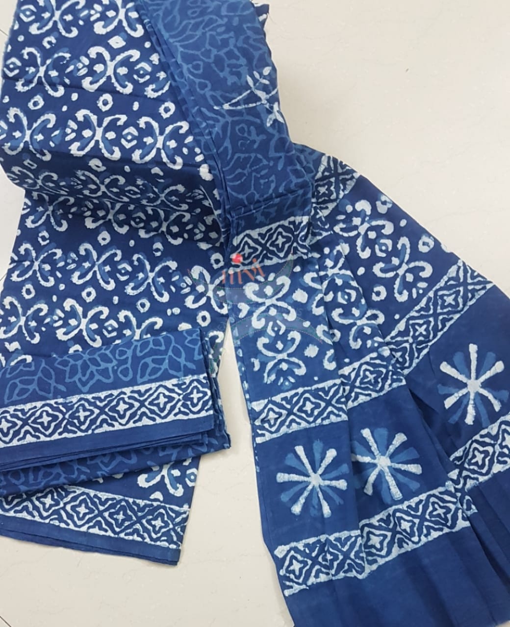 Indigo Handblock printed cotton suit piece .