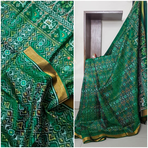 Teal Green Handloom patan patola silk saree with intricate woven pattern and subtle gold zari.