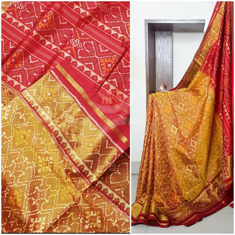 Mustard Handloom patan patola silk saree with intricate woven pattern and subtle gold zari.