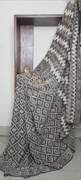 Handloom cotton bagru hand printed saree