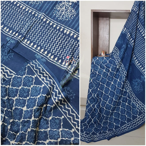 Handloom cotton indigo hand printed saree
