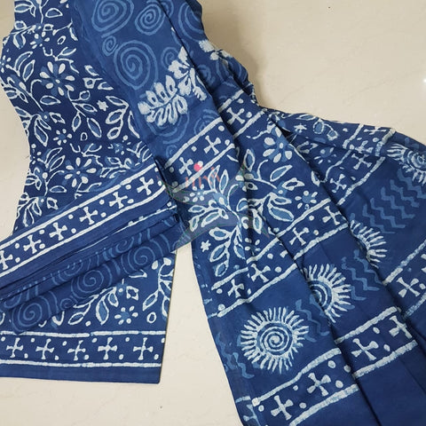 Indigo hand block printed cotton suit piece