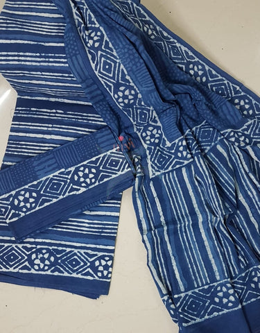 Indigo hand block printed cotton suit piece