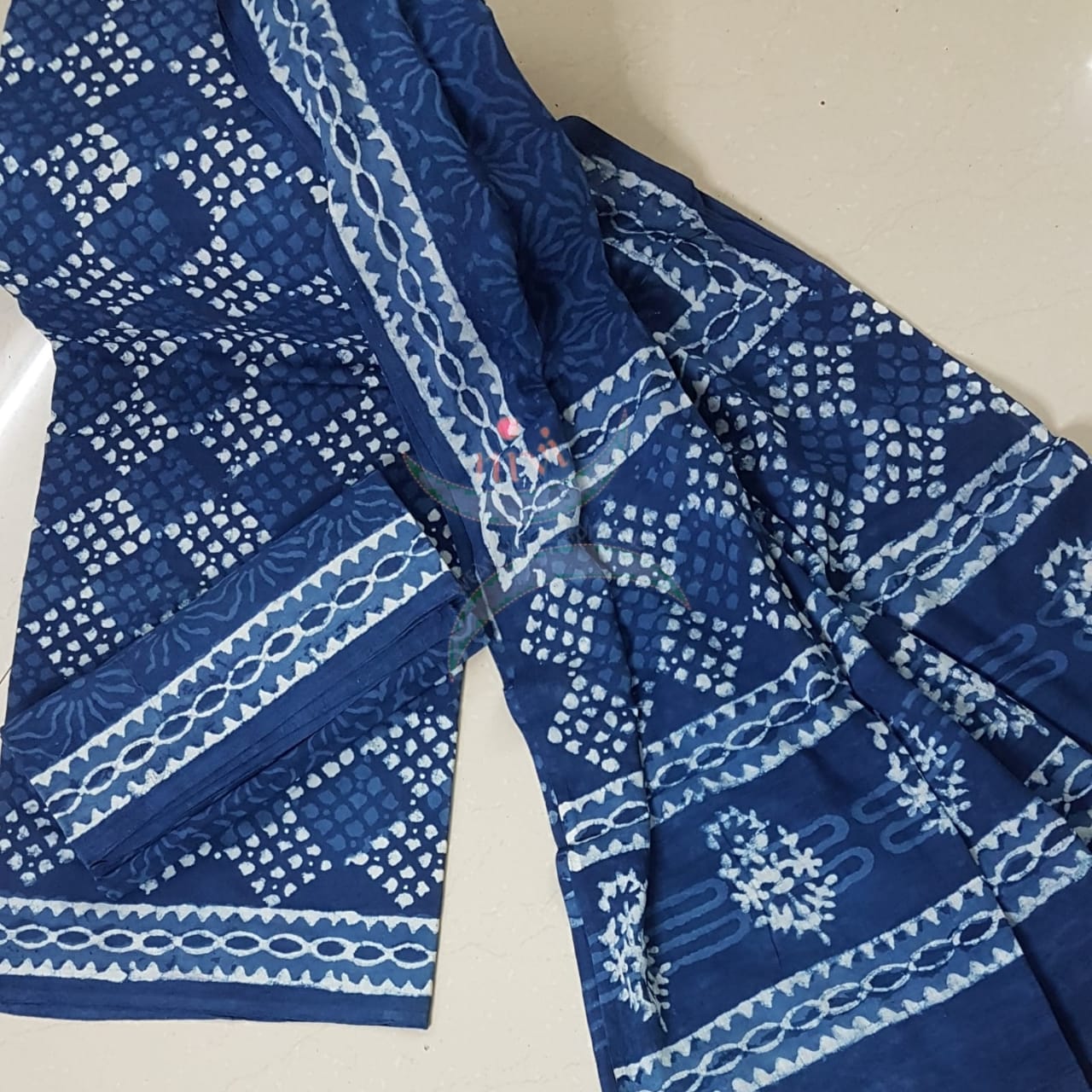 Indigo hand block printed cotton suit piece