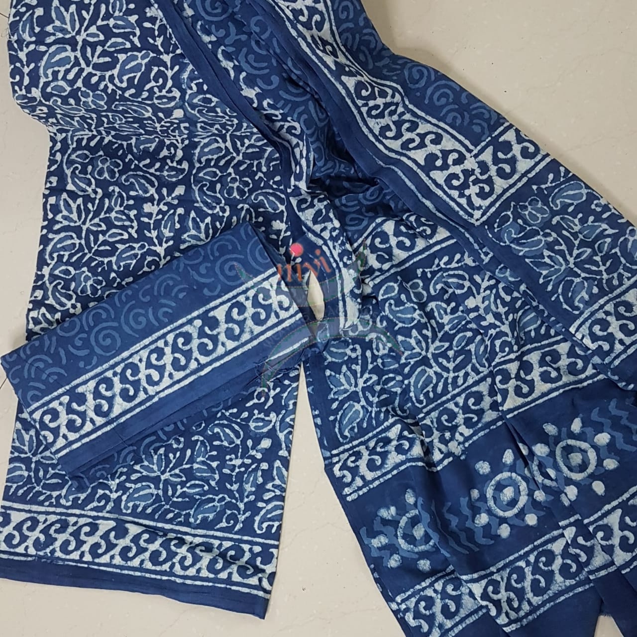 Indigo hand block printed cotton suit piece