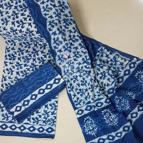 Indigo hand block printed cotton suit piece