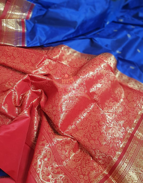 Royal blue with red handloom small Ghatti border pure south silk saree.