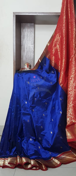 Royal blue with red handloom small Ghatti border pure south silk saree.