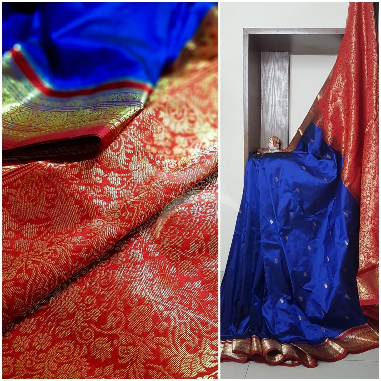 Royal blue with red handloom small Ghatti border pure south silk saree.