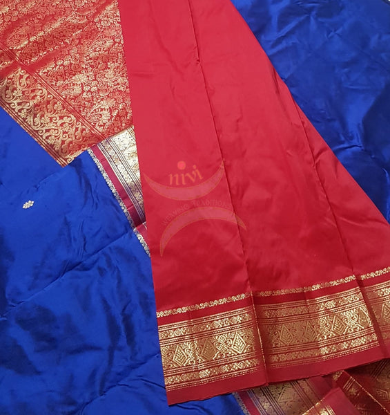 Royal blue with red handloom small Ghatti border pure south silk saree.