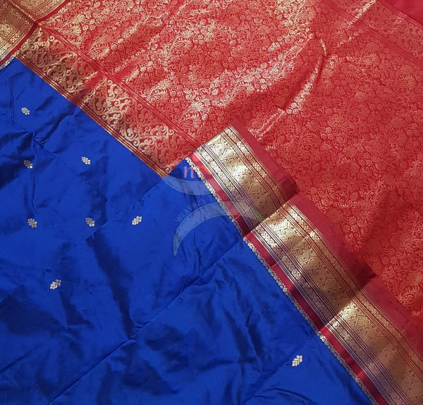 Royal blue with red handloom small Ghatti border pure south silk saree.