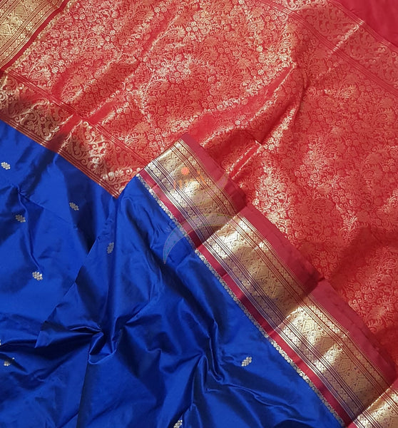 Royal blue with red handloom small Ghatti border pure south silk saree.