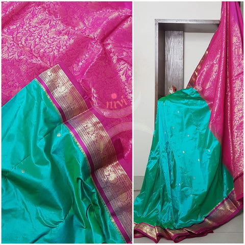 Sea blue with pink handloom small Ghatti border pure south silk saree.