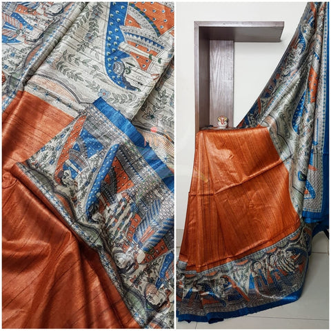Handloom geecha light weight tussar with handblock printed madhubani art