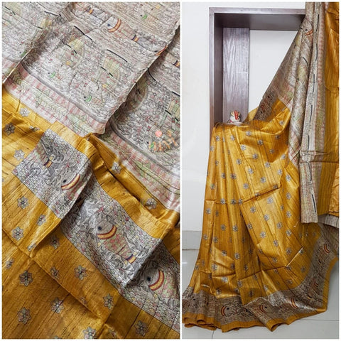 Handloom geecha light weight tussar with handblock printed madhubani art