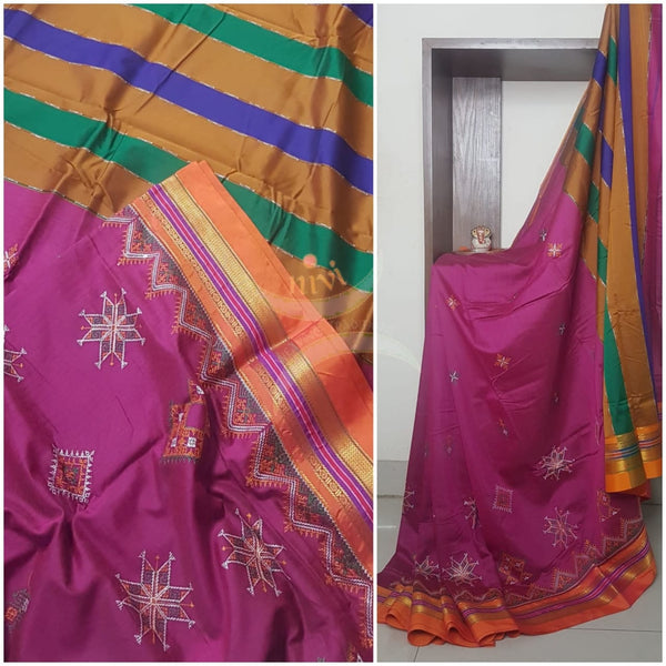 Cotton blend ilkal with traditional kasuti embroidery