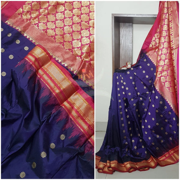 Purple with red ilkal bordered pure silk Saree.