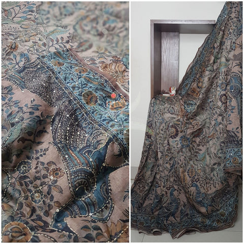 Silk cotton Chanderi handblock printed saree with hand stiched kantha embroidery.