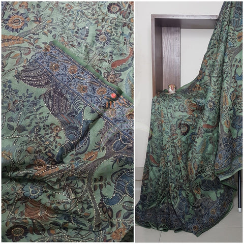 Silk cotton Chanderi handblock printed saree with hand stiched kantha embroidery.