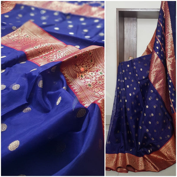 Handloom katan pure chanderi silk saree with nakshi Meenakari border.