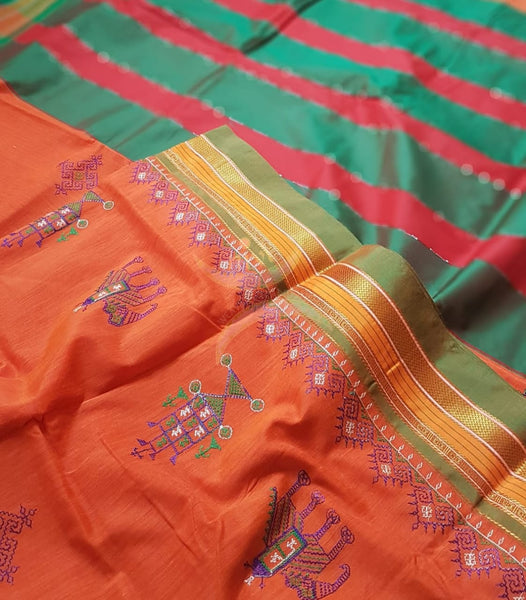 Cotton blend ilkal with traditional kasuti embroidery