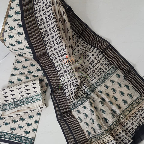 Handblock bagru printed cotton suit set with chanderi duppata.