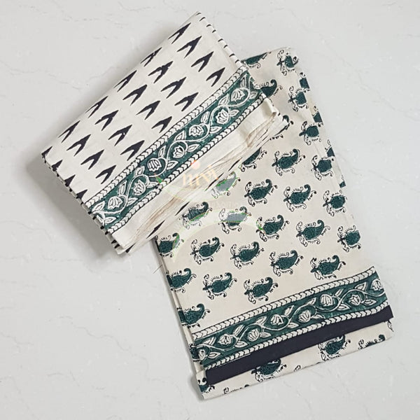 Handblock bagru printed cotton suit set with chanderi duppata.