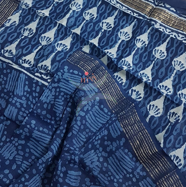 Handblock bagru printed cotton suit set with chanderi duppata.