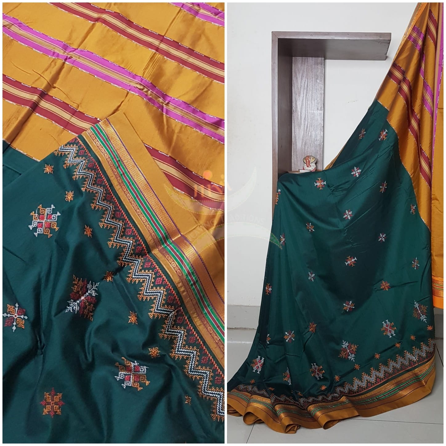 Cotton blend ilkal with traditional kasuti embroidery