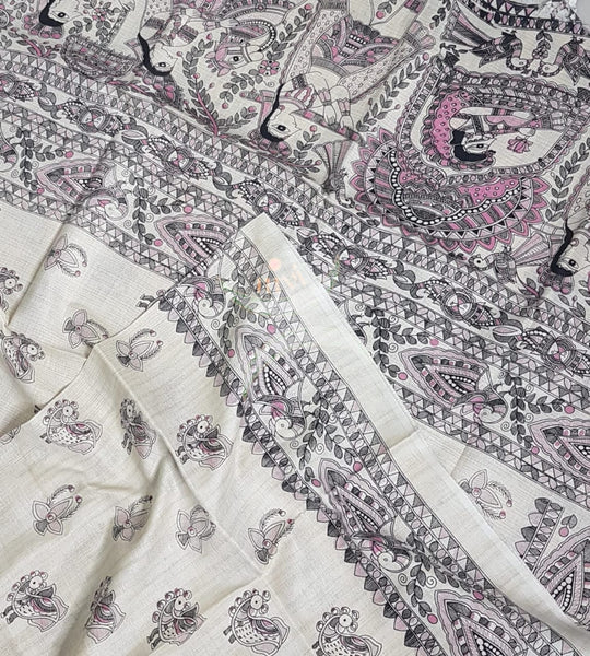 Marble printed  silk blend suit set with madhubani duppata