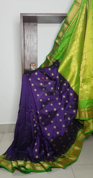 Purple with green ilkal bordered pure silk Saree.