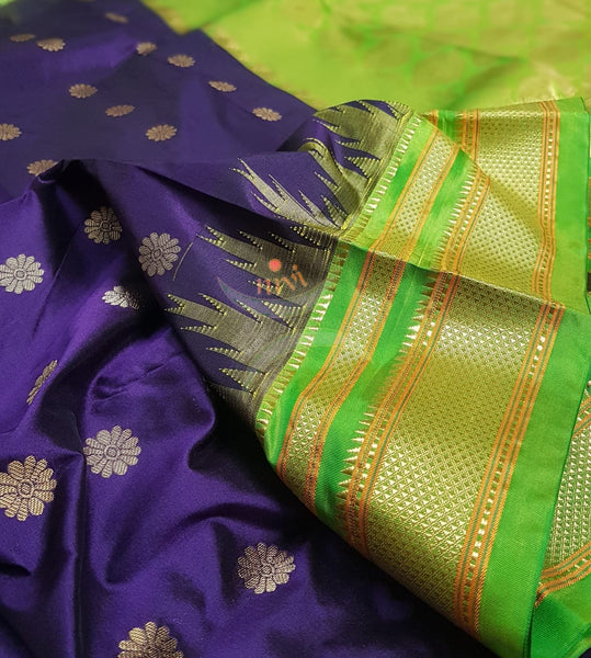 Purple with green ilkal bordered pure silk Saree.