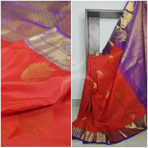 Red with purple handloom kanjivaram pure silk saree.