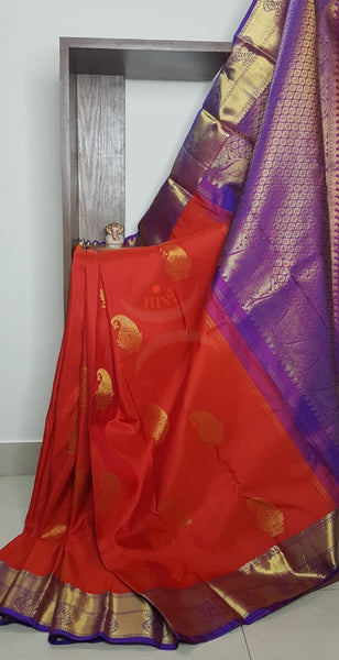 Red with purple handloom kanjivaram pure silk saree.