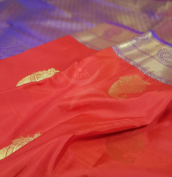 Red with purple handloom kanjivaram pure silk saree.