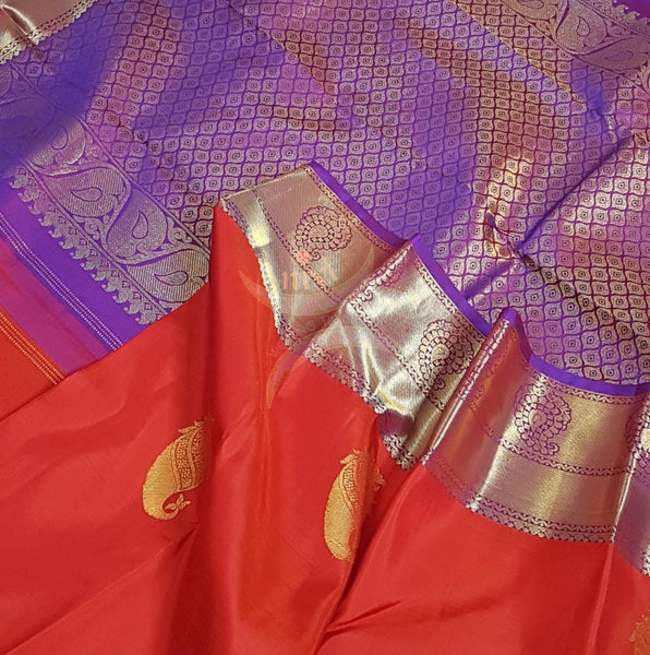 Red with purple handloom kanjivaram pure silk saree.