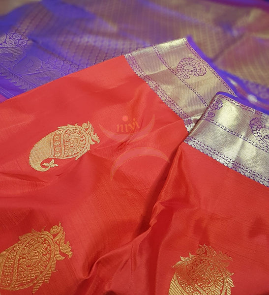 Red with purple handloom kanjivaram pure silk saree.