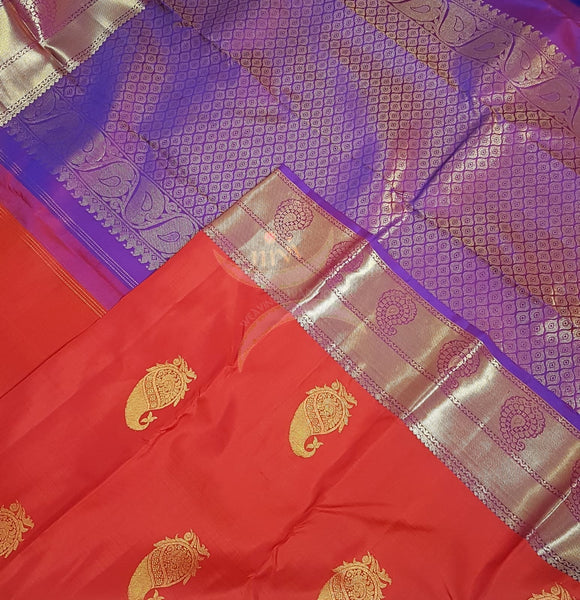 Red with purple handloom kanjivaram pure silk saree.