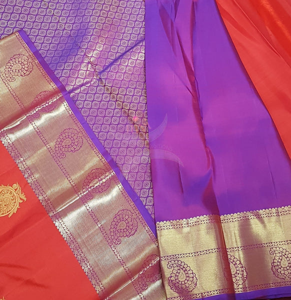 Red with purple handloom kanjivaram pure silk saree.