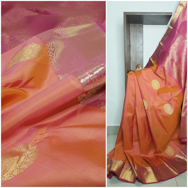 Peach with pink handloom kanjivaram pure silk saree.