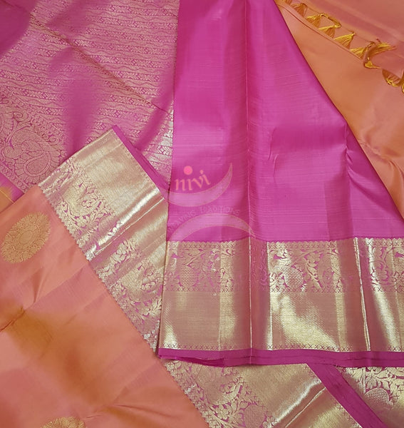 Peach with pink handloom kanjivaram pure silk saree.