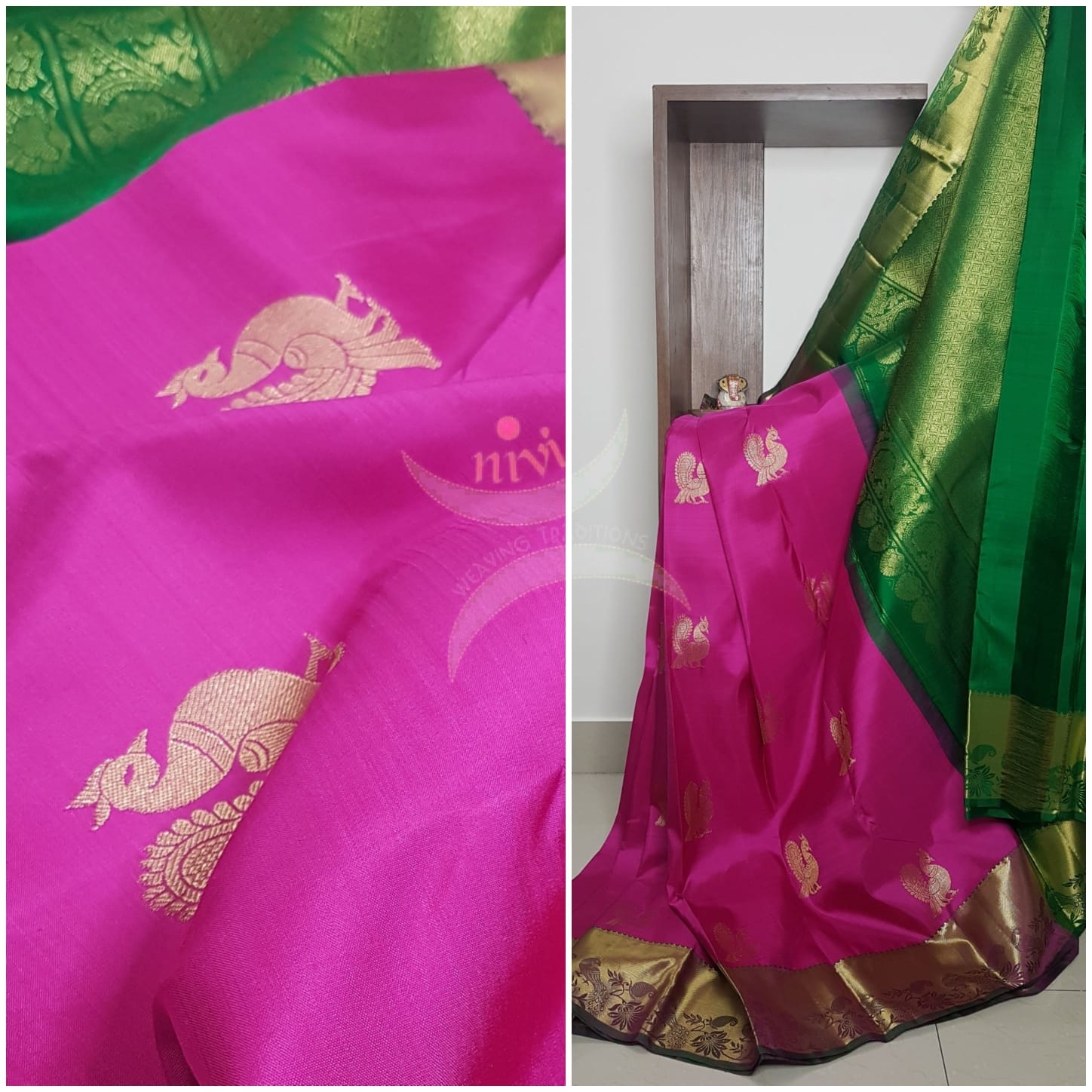 Pink with green handloom kanjivaram pure silk saree.