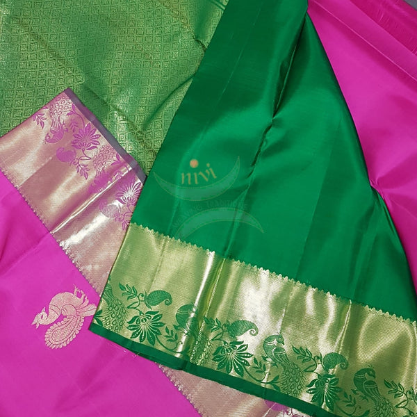 Pink with green handloom kanjivaram pure silk saree.