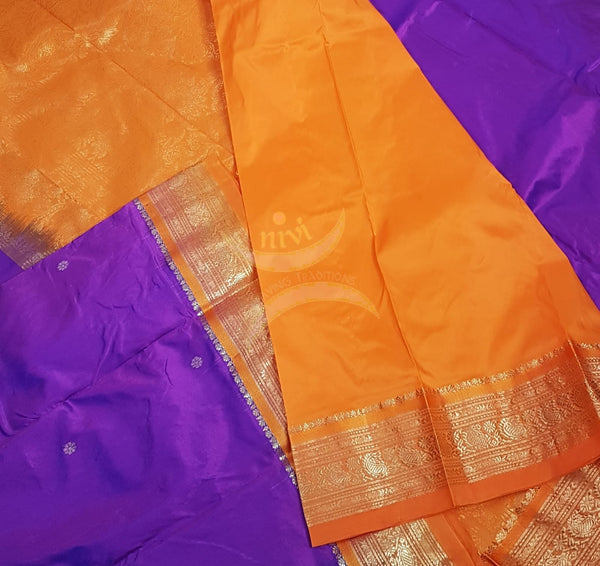 Purple with mustard handloom small Ghatti border pure south silk saree.