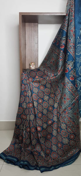 Ajrak handblock printed Chanderi saree