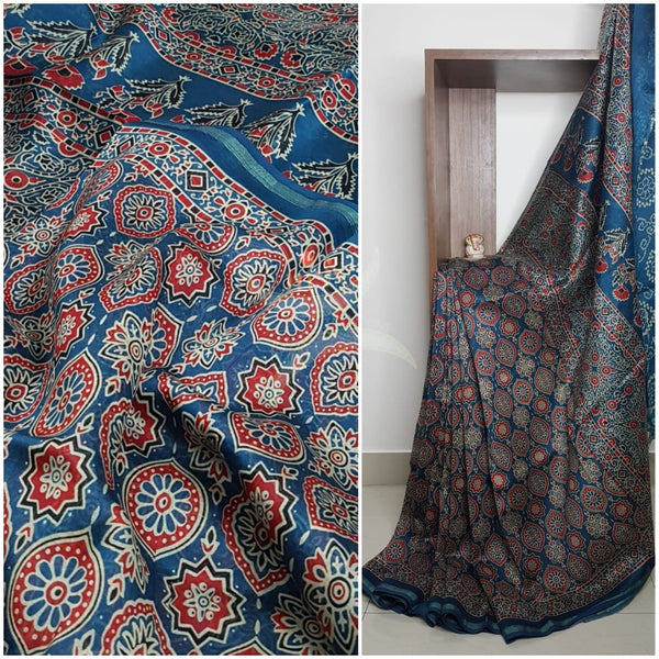 Ajrak handblock printed Chanderi saree