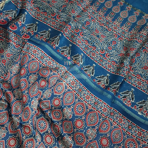 Ajrak handblock printed Chanderi saree