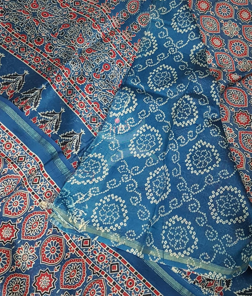 Ajrak handblock printed Chanderi saree