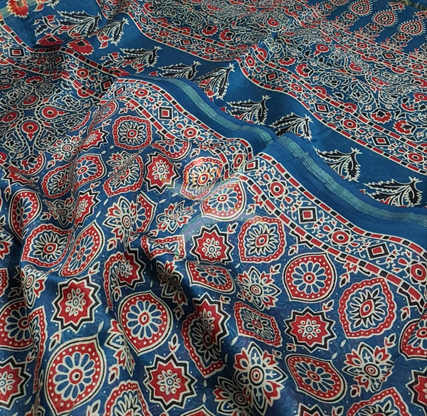 Ajrak handblock printed Chanderi saree