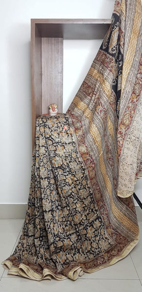 Black Handloom chanderi kalamkari. Saree comes with printed kalamkari blouse piece 